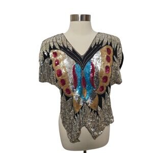Womens Vintage Silk Butterfly Sequin Blue Short Sleeve Shirt - Flaw